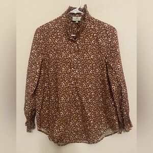 Tuckernuck leopard print button down with ruffles neck line and smocked cuffs S